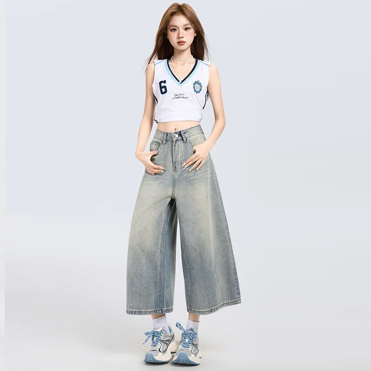 美式复古宽松做旧洗水八分牛仔长裤女夏季减龄高腰高街阔腿中裤