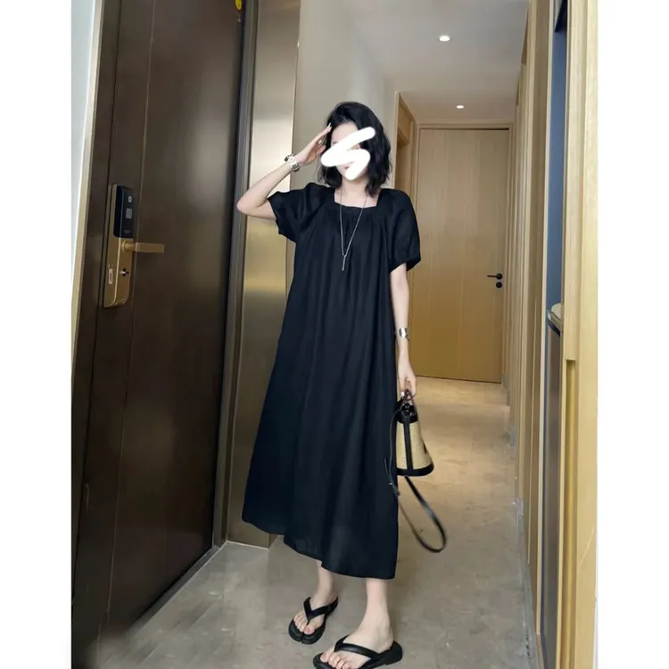 2025夏新款/泡泡袖方领设计简约大码慵懒风长款短袖连衣裙女