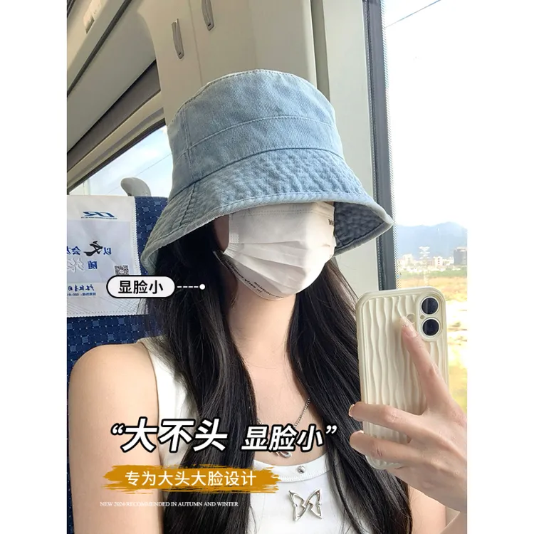 蓝色水洗牛仔渔夫帽子女新款日系百搭显脸小盆帽大头围防晒遮阳帽