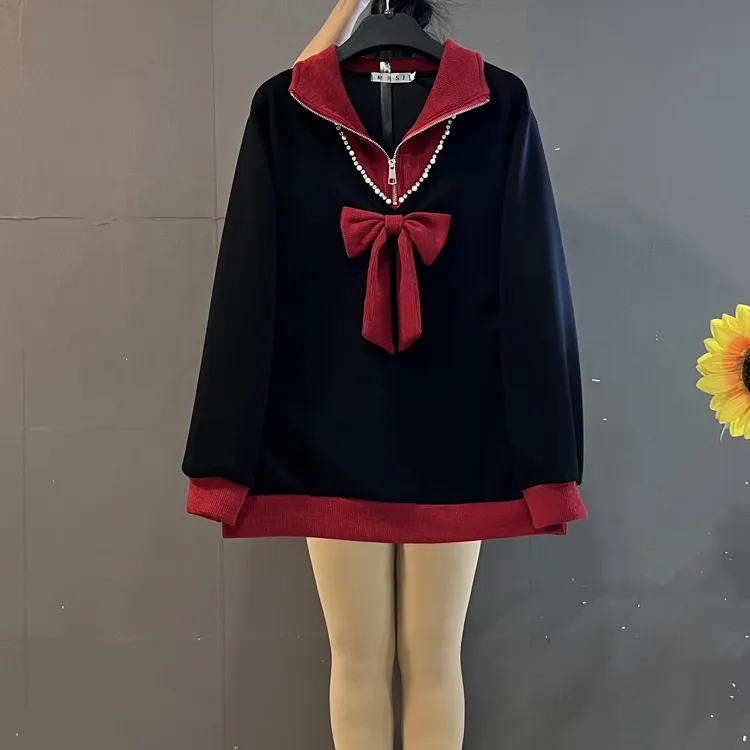 新款时尚翻领拉链蝴蝶结宽松遮肚显瘦洋气上衣