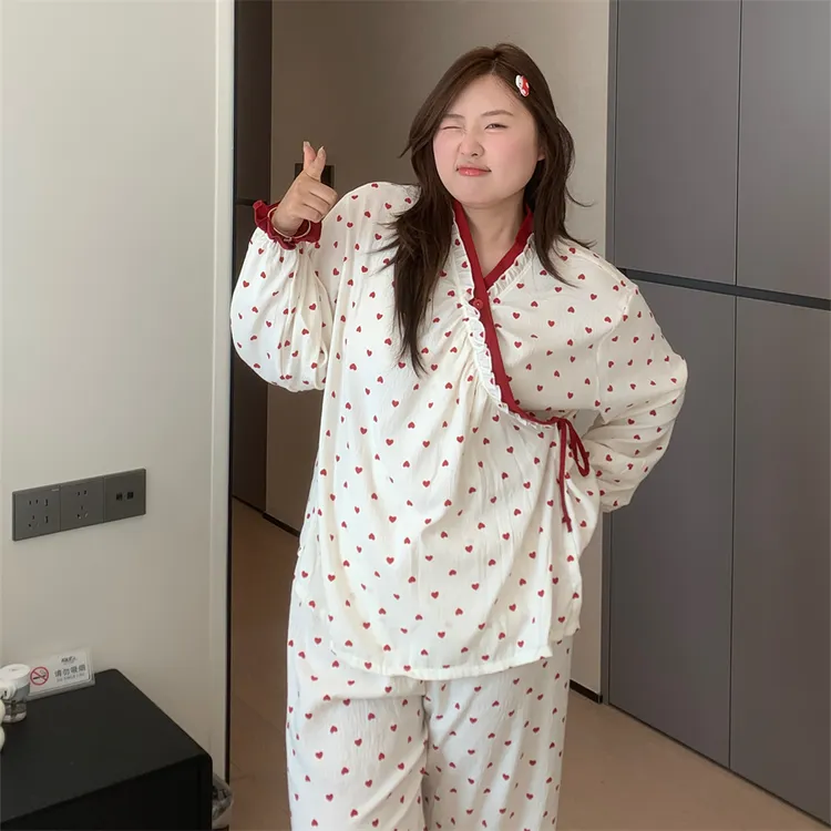 大码胖MM200斤秋季长袖长裤云朵棉红色爱心日系少女宽松睡衣