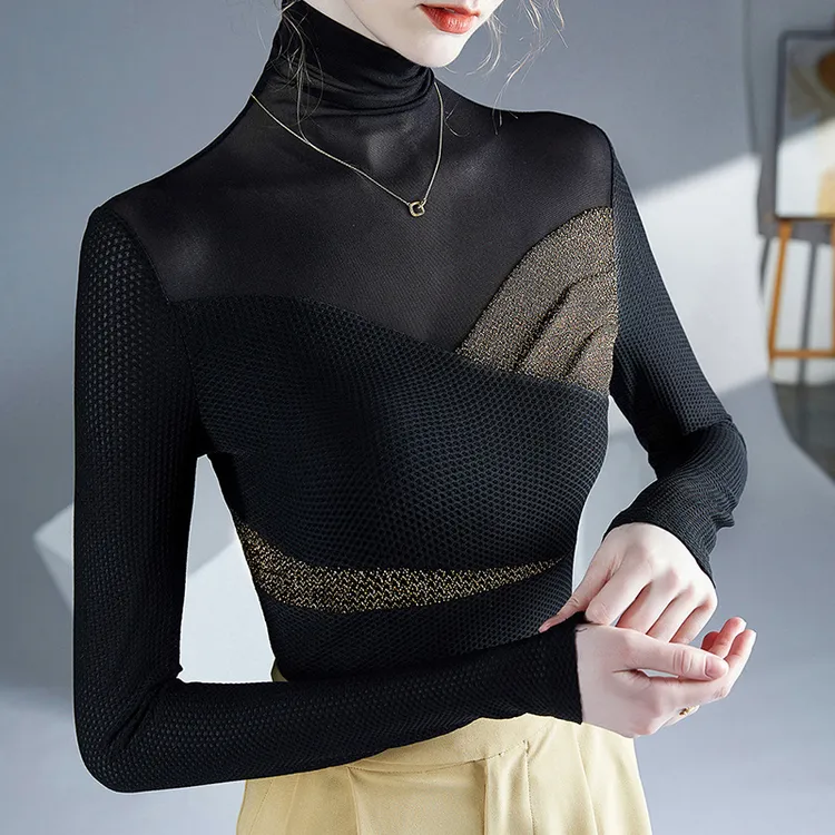 2025春装气质春秋冬新款高领打底衫时尚亮丝设计内搭网纱拼接小衫