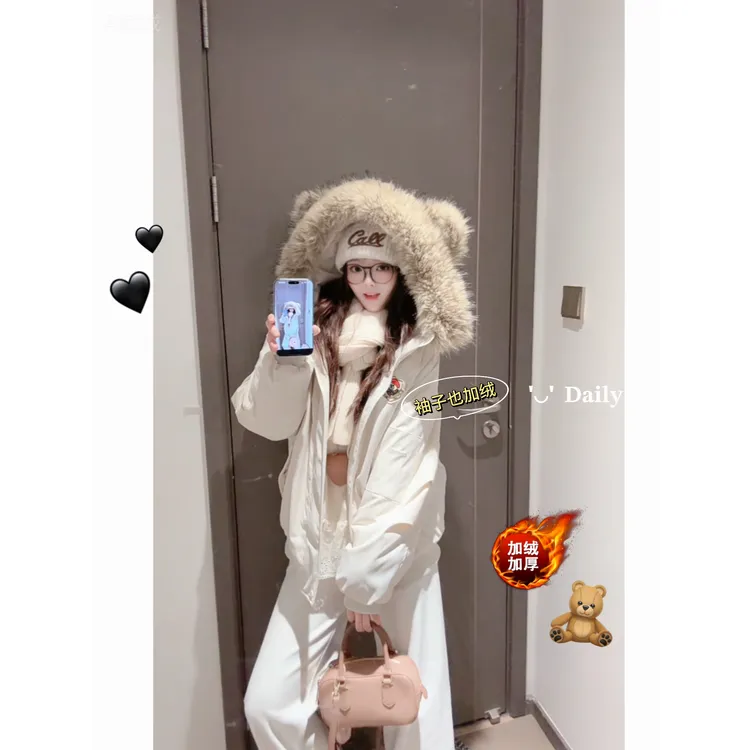 美式复古【加绒加棉】小熊毛领棉服女新款2025冬季保暖情侣棉衣外套