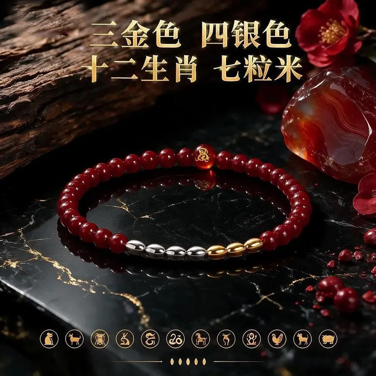手链 【三金色四银色】十二生肖七粒米红砂手链传统手工推荐商品图