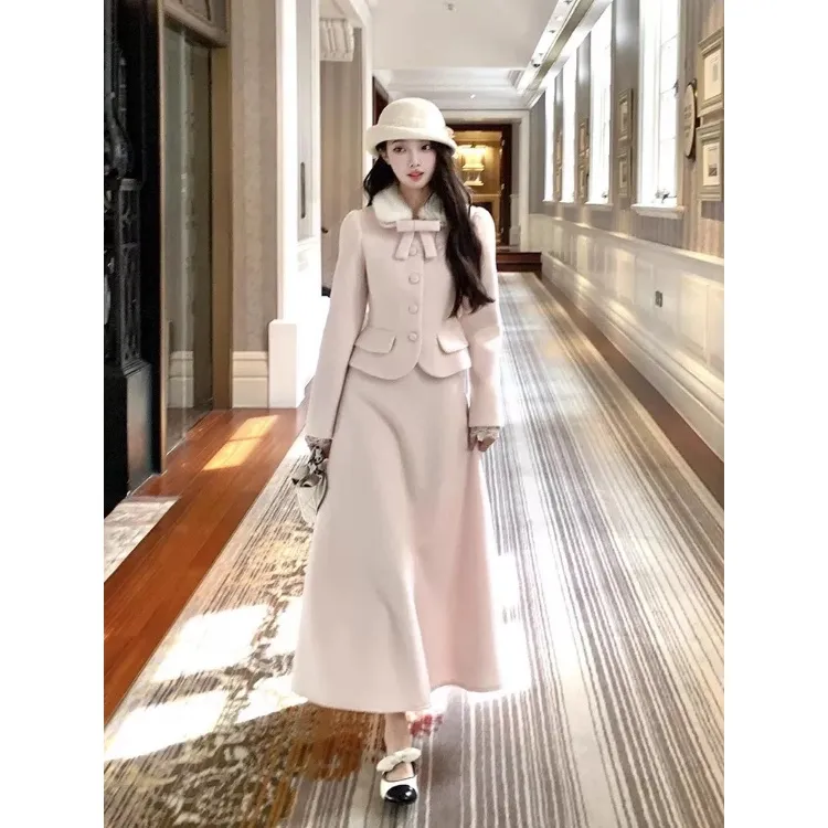 2025新款高级感富家千金小香风姐系贵气感粉色毛呢套装裙女秋冬季