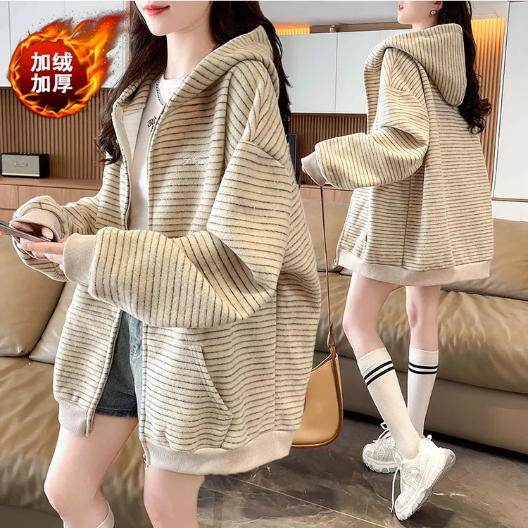 条纹连帽设计感加绒加厚拉链卫衣女秋冬新款韩版宽松美式开衫外套