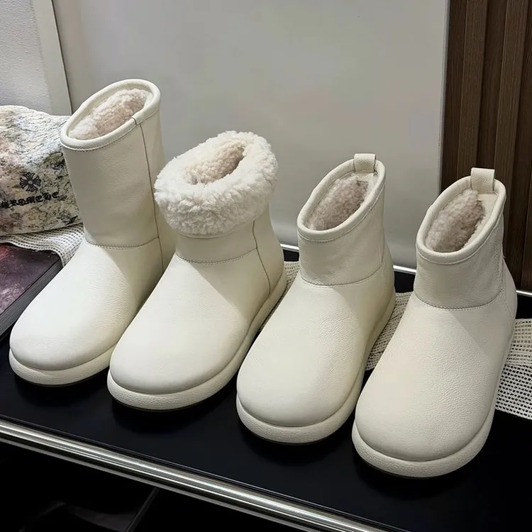 4CM增高白色头层小牛皮加绒保暖雪地靴女冬百搭时尚套筒短靴棉鞋