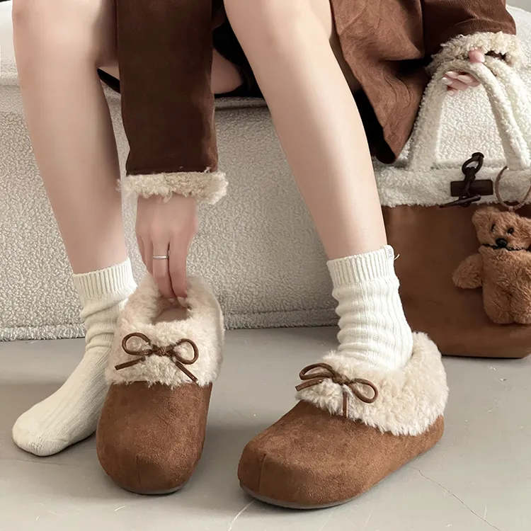 OJRZ蝴蝶结带厚底雪地靴女2025新款冬毛毛勃肯包头拖加绒东北棉鞋