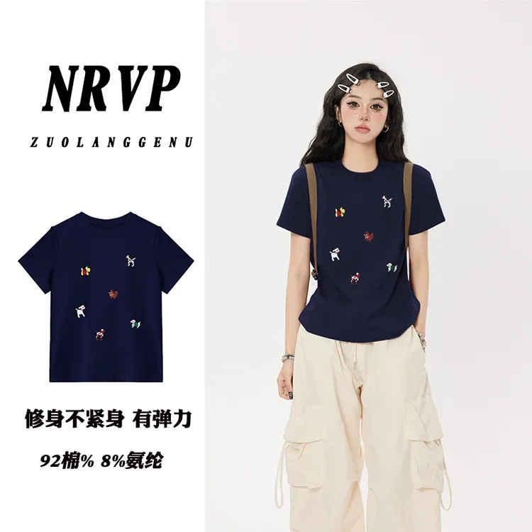品质微胖女生大码女装穿搭正肩短袖t恤女圆领修身显瘦弹力棉上衣