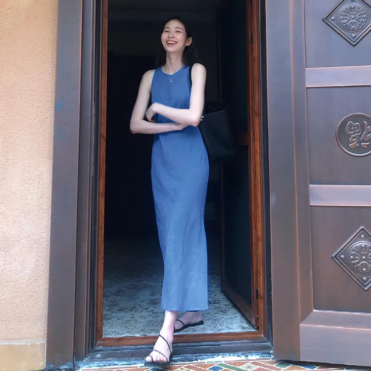【现货+运补】】复古蓝色背心连衣裙女夏季海边度假风收腰气质裙3510
