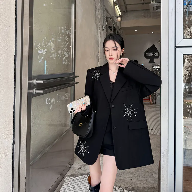 缤菓binguo 夜空烟花 黑色小众设计感西装外套女2025秋新宽松西服