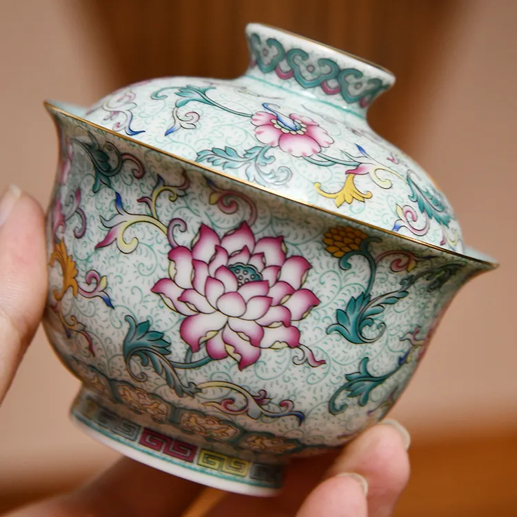 成艺珐琅莲韵悬停二才盖碗复古珐琅彩茶艺师盖碗粉色茶具高端送礼