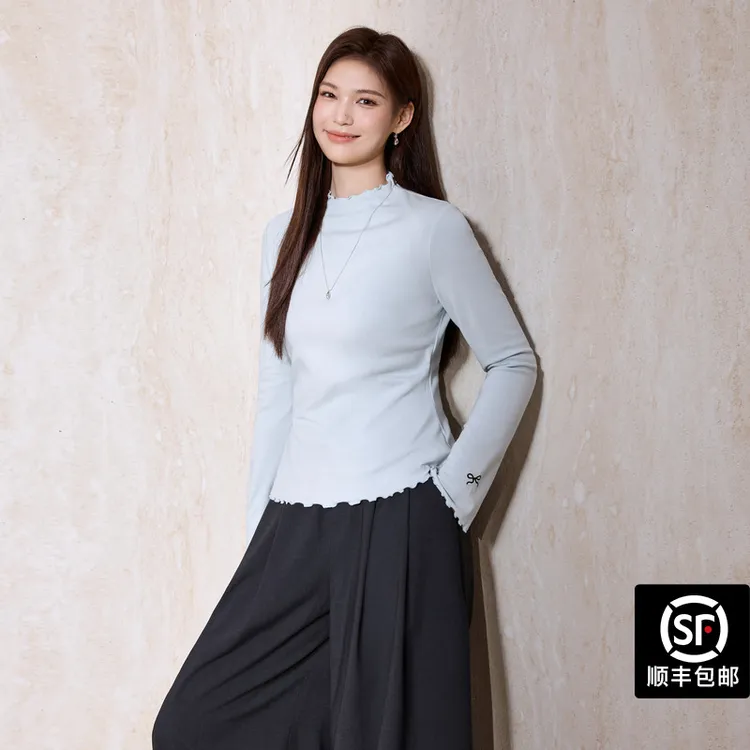 蓝语大码女装设计感木耳边长袖针织衫2025秋季新款修身收腰打底衫