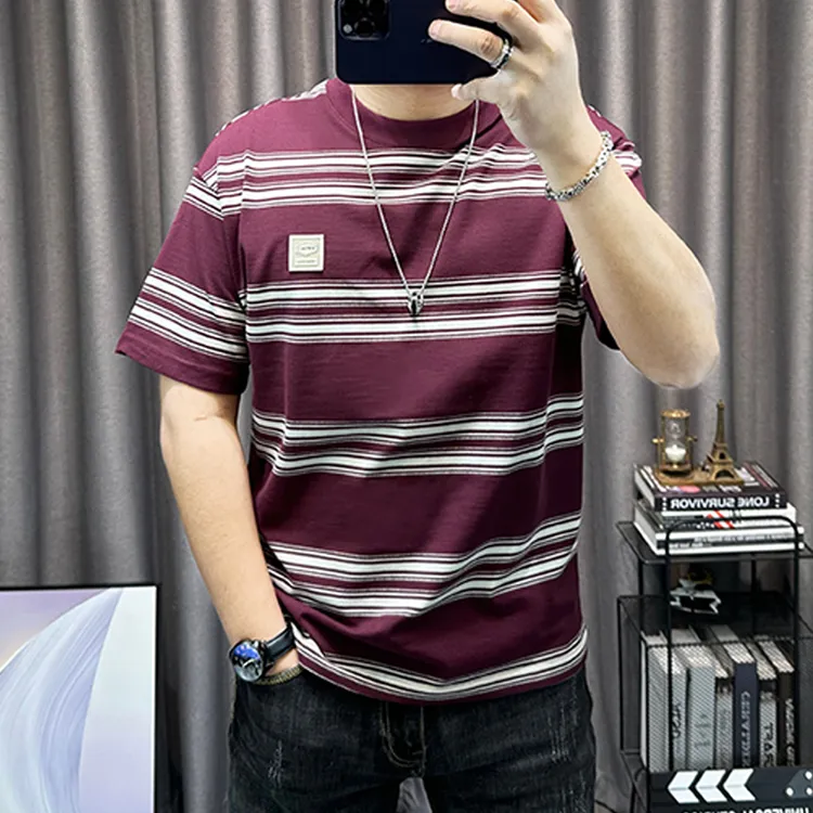 条纹短袖t恤衫男士2025夏季新款贴布休闲宽松上衣潮牌半袖体恤衫