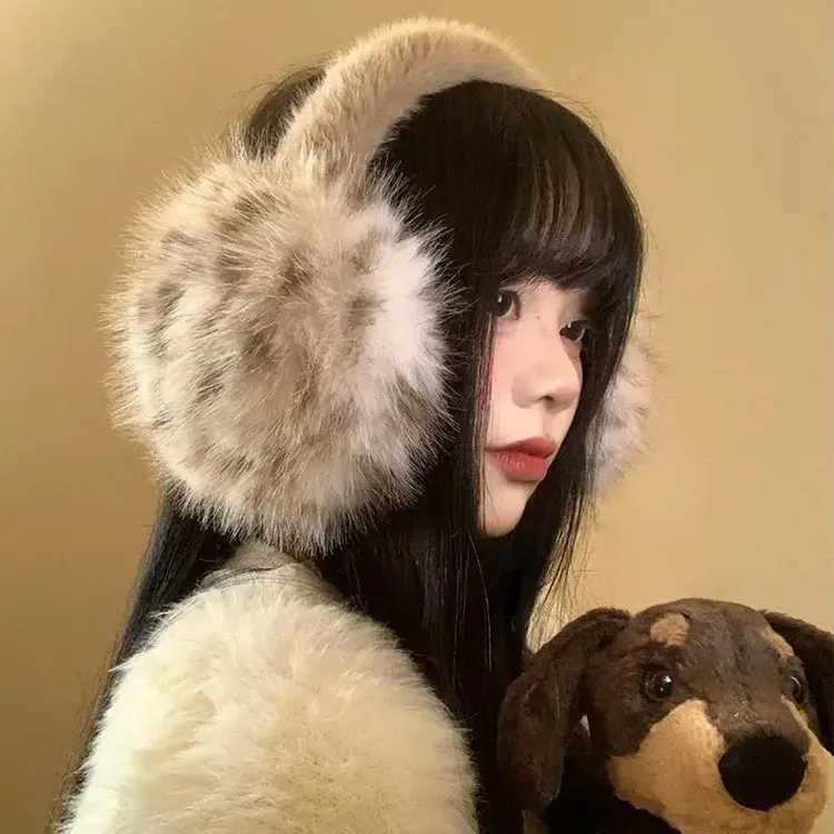 冬季豹纹毛绒耳罩女毛茸茸耳包耳套骑车防冻防寒保暖耳暖耳捂子