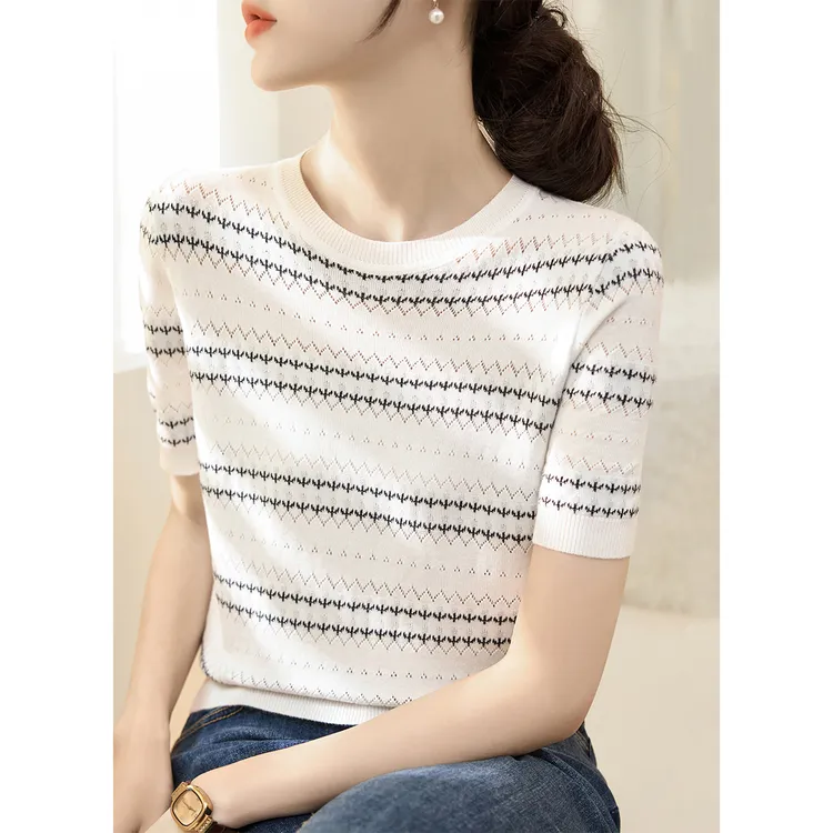 2025夏季新款气质宽松圆领显瘦条纹T恤上衣莱赛尔天丝短袖针织衫