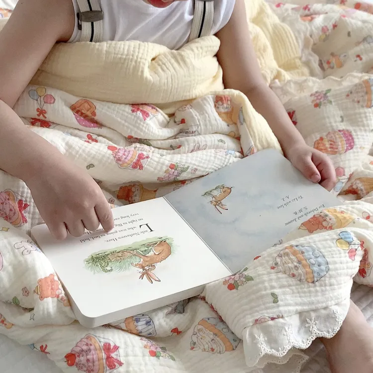 儿童夏凉被纯棉双层纱皱皱纱幼儿园小被子新生儿空调被可机洗