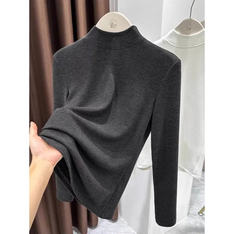 芯娇晴半高领加绒打底衫女秋冬内搭灰色长袖t恤双面磨毛保暖上衣