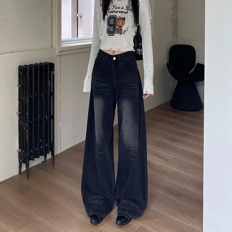 黑灰色阔腿牛仔裤女长裤春秋季新款高腰显瘦宽松直筒拖地裤子个性