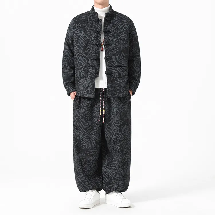 中国风冬季新款暗纹提花套装中式大码立领保暖两件套复古盘扣棉服