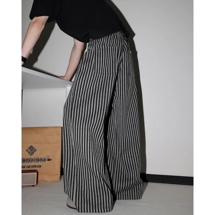 美式复古慵懒松弛竖条纹拖地裤男女休闲宽松百搭直筒弯刀阔腿裤子