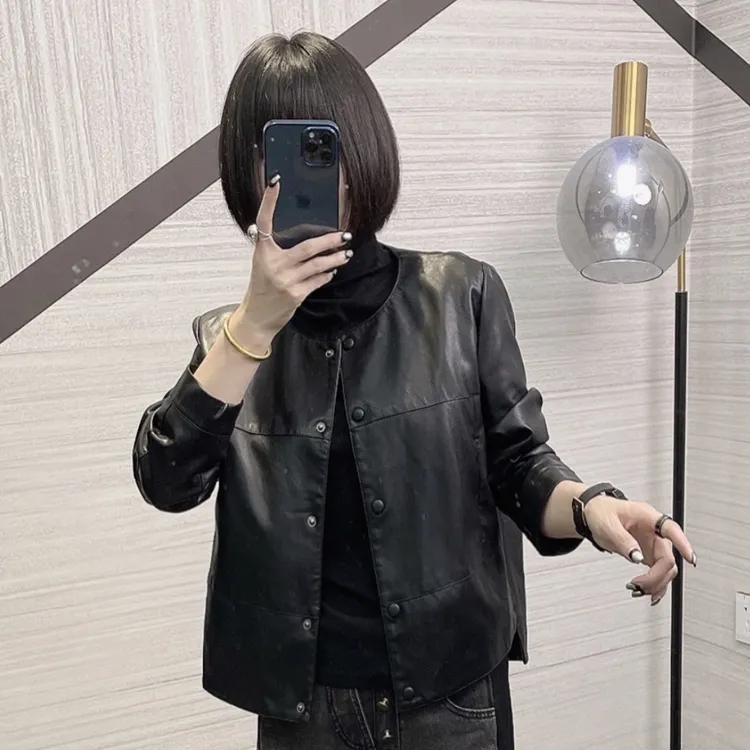 皮夹克磨砂春秋极简风皮衣轻职风黑色上衣