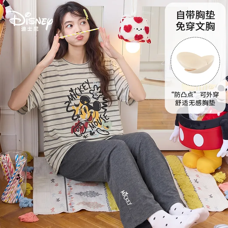 Disney迪士尼夏季天丝莱赛尔带胸垫短袖长裤卡通可外穿家居服0475