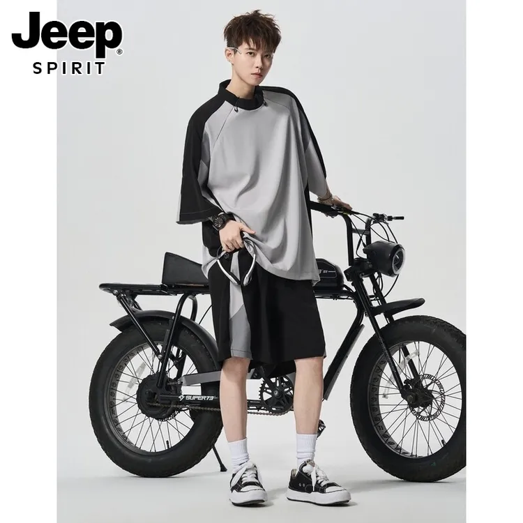 JEEPSPIRIT长袖冰丝短袖T恤休闲运动套装男女时尚装潮流跑步短裤