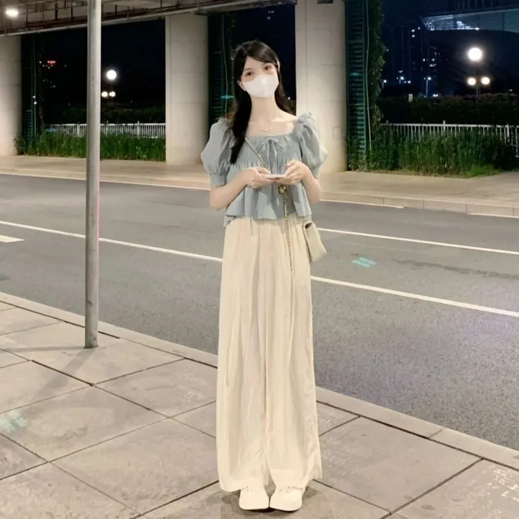 韩版时尚荷叶边上衣女夏法式洋气褶皱泡泡袖娃娃衫阔腿裤两件套装