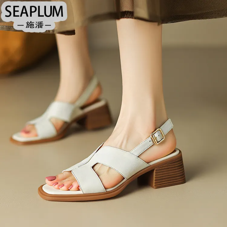SEAPLUM时尚羊皮凉鞋女夏粗跟中跟一字扣带罗马鞋法式镂空夏季软