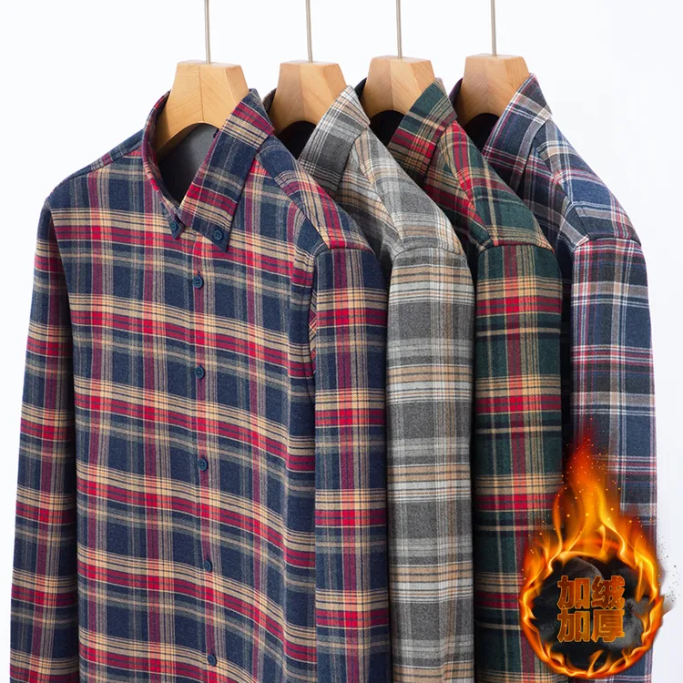 纯棉抗皱加绒格子衬衫青少年加厚保暖男长袖磨毛格子加绒打底内搭