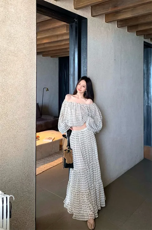 复古气质设计感一字肩长袖上衣大摆半身裙套装#22765裙子长裙长款