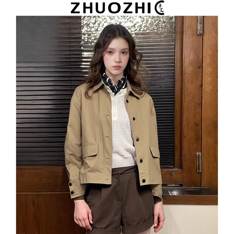 [卓芝]法式复古卡其色翻领短外套2025秋冬新款简约通勤百搭夹克女