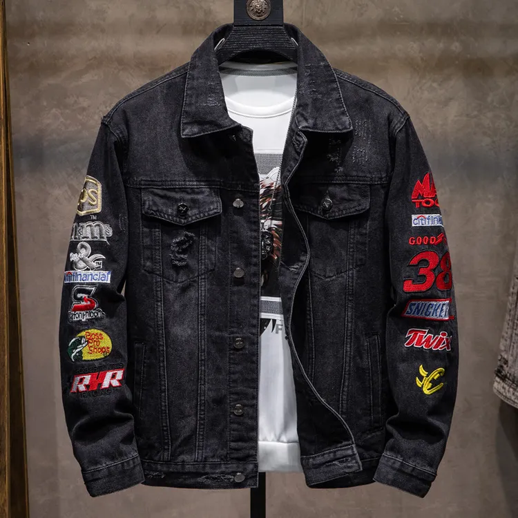 潮牌破洞刺绣牛仔外套男春秋宽松上衣服潮流青年夹克休闲长袖褂子