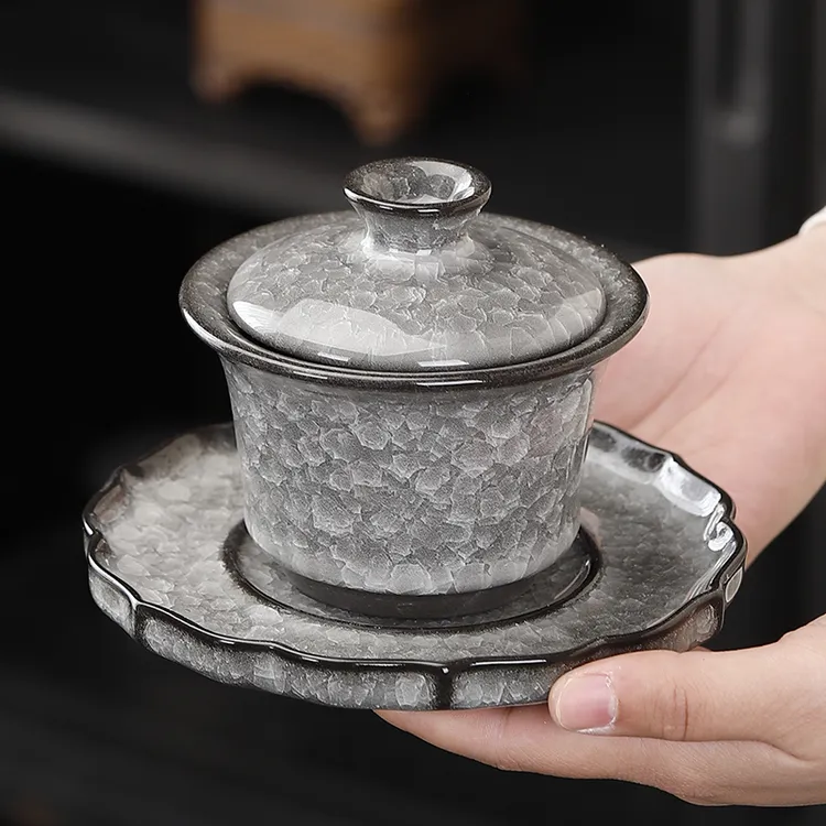 黑冰单品冰裂纹茶杯三才盖碗陶瓷功夫茶具个人品茗主人杯