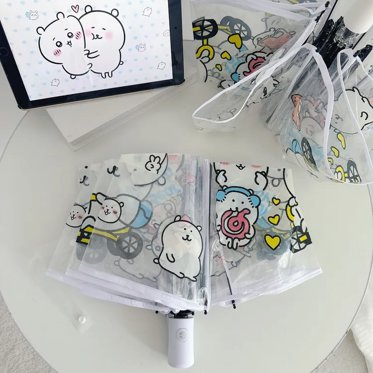 日系可爱自嘲熊透明雨伞折叠卡通全自动长柄伞高颜值小清新学生伞