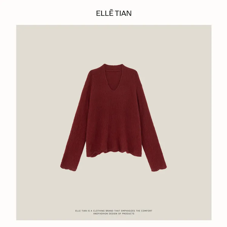 ELLETIAN "节日限定"兔毛+绵羊毛+浣熊毛宽松V领毛衣EADM070