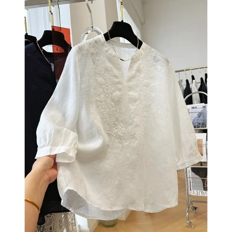 00442高级感麻料重工刺绣七分袖衬衫女夏季薄款法式气质小衫上衣