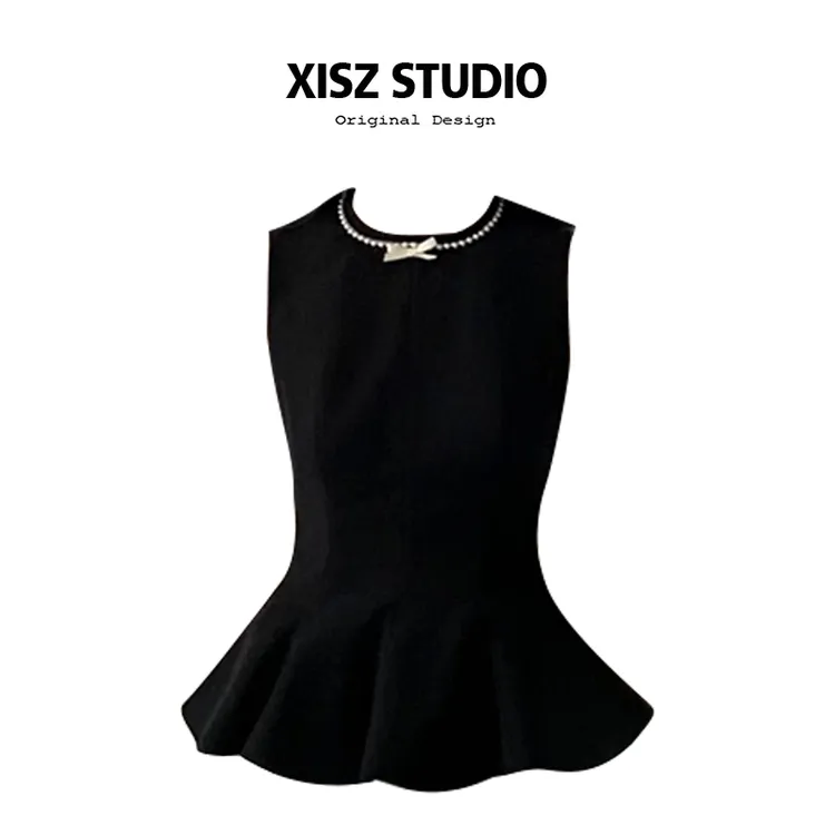 气质辣妹风钉珠领无袖上衣女夏季收腰显瘦时髦翘翘裙摆别致小背心