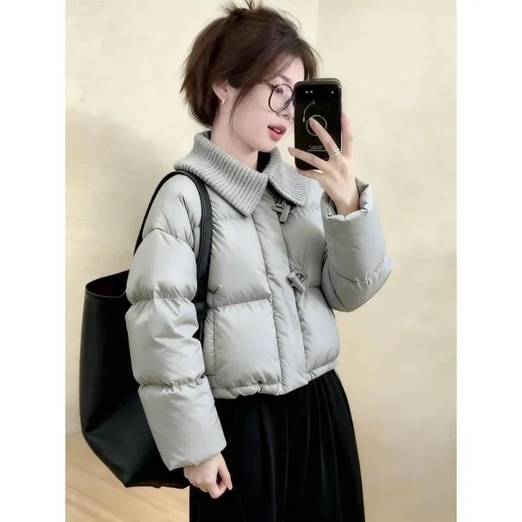 蓝色针织拼接棉服小香风棉袄2025新款爆款巨好看的冬装外套韩系