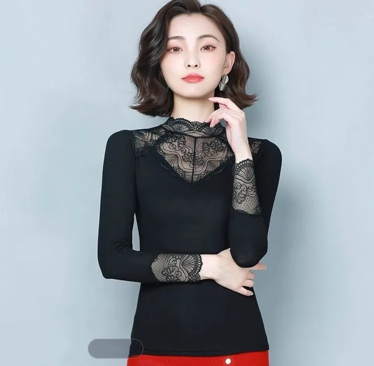 2025春秋蕾丝拼接半高领打底衫长袖内搭莫代尔面料显瘦女士上衣
