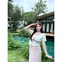 WQQ麦833116【黄油小熊-半身裙】精致印花短袖蕾丝蝴蝶结格子半裙