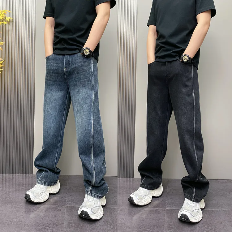 美式抽绳直筒牛仔裤男2025冬季加绒设计感拼接痞帅高街风阔腿长裤