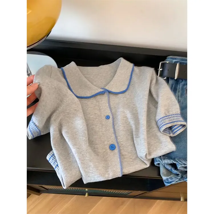 轻奢高级小众女装2025夏季新款灰色娃娃领针织衫T恤正肩短袖上衣