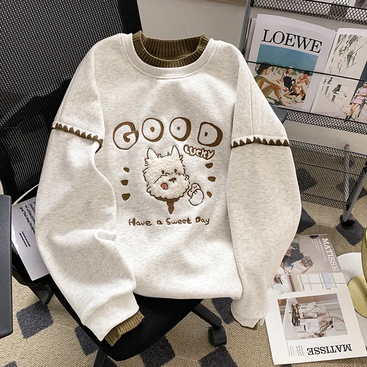 小狗刺绣假两件圆领卫衣女2025春季新款潮牌设计感加绒上衣