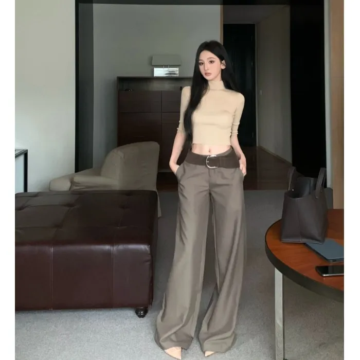 时尚气质套装半高领正肩针织衫上衣女春季高腰休闲裤阔腿裤两件套