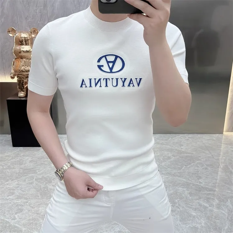 2025欧货轻奢男士针织冰丝短袖T恤印花百搭夏季印花半袖上衣潮022