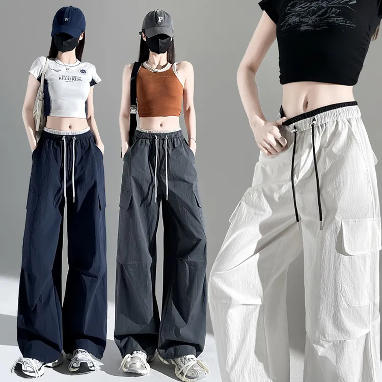 夏款薄款高腰工装裤女2025显瘦抽绳束脚裤休闲美式哈伦阔腿运动裤