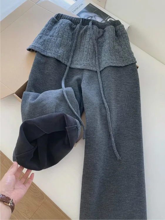 2025秋冬新款韩系复古ins风极简高级感皮帘假两件加绒灰色阔腿裤
