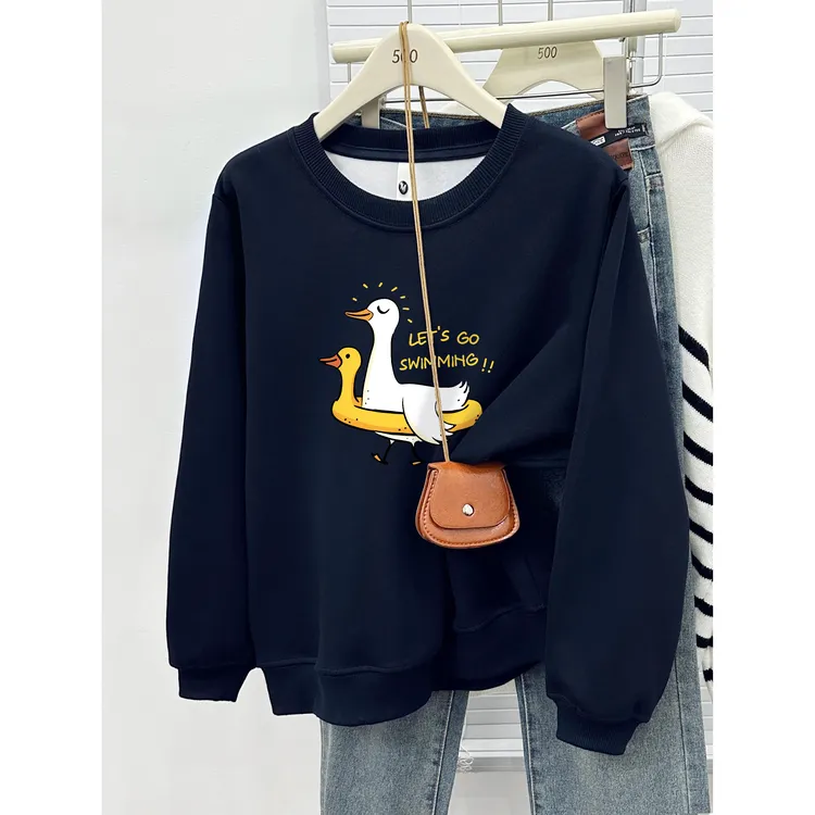 小鸭子正肩圆领卫衣女加绒加厚冬季韩版慵懒风宽松大码套头上衣潮